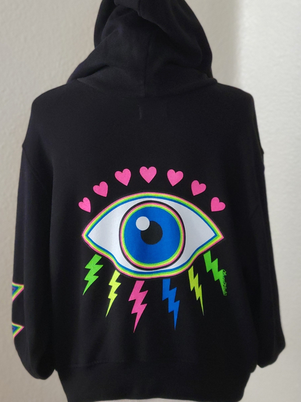 Lauren Moshi Black Cropped Zip Hoodie Neon Eye L